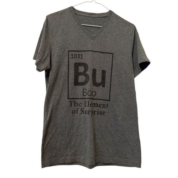 TeePublic Bu Boo The Element Of Surprise Graphic V-Neck Gray T-Shirt Size Large - Picture 1 of 4